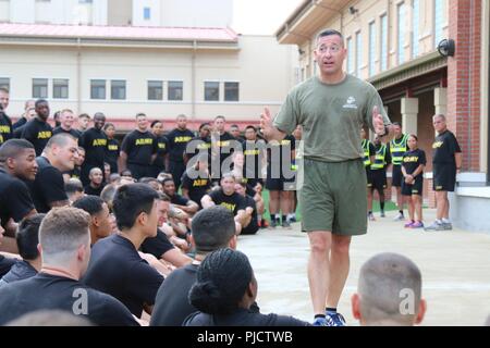 Marine Corps Sgt. Maj. Anthony Spadaro, command senior enlisted leader, U.S. Indo-Pacific Command talks to Soldiers at the Eighth Army Wightman NCO Academy basic leader course, Camp Humphreys, South Korea, July 10. Spadaro emphasized the importance of readiness, accountability and encouraging fellow Soldiers.   Spadaro visited Soldiers and leaders at Camp Humphreys to talk about the U.S. Army Pacific’s Project Greenbook, a training initiative designed to develop more resilient, adaptive and innovative Soldiers and leaders. Stock Photo