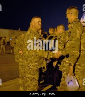 CAMP REDLEG, United Arab Emirates – Col. Adam Robinson, brigade commander for the 65th Field Artillery Brigade, Task Force Spartan, shakes the hand of a Soldier from Delta Battery, 1st Battalion, 14th Field Artillery Regiment (FAR), 65th FAB, as they leave country on July 17, 2018. Delta Battery headed home after a successful mission supporting Operation Spartan Shield and passed the mission to Echo Battery, 1-145th FAR. Stock Photo