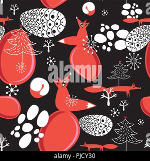Seamless pattern with red foxes on a dark background. An example for the design of postcards and the web. Stock Vector