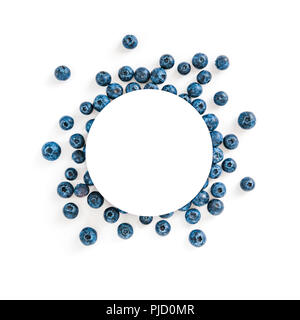 Creative layout with fresh ripe berries. Blueberry isolated on white background with white circle for copy space. Can use for your design, promo, social media, Top view. Instagram format square. Stock Photo