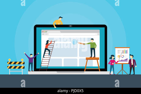 website development team on front of laptop build a website vector illustration Stock Photo