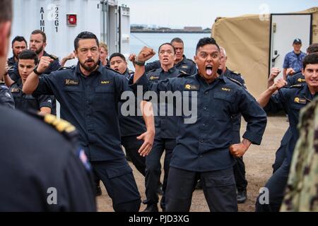 NAVAL BASE POINT LOMA, Calif. (July 17, 2018) Royal New Zealand Navy sailors assigned to HMNZS Matatua perform a welcome haka at Naval Base Point Loma, July 17, during the Rim of the Pacific (RIMPAC) exercise. Twenty-five nations, 46 ships, five submarines, about 200 aircraft and 25,000 personnel are participating in RIMPAC from June 27 to Aug. 2 in and around the Hawaiian Islands and Southern California. The world’s largest international maritime exercise, RIMPAC provides a unique training opportunity while fostering and sustaining cooperative relationships among participants critical to ensu