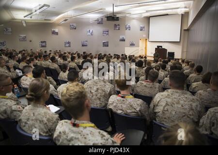 Sgt. Maj. Robin C. Fortner, the Marine Corps Systems Command sergeant major, speaks to approximately 200 students about leadership and mentorship during Marine Corps Recruiting Command’s 2018 Summer Leadership and Character Development Academy aboard Marine Corps Base Quantico, Virginia, July 18. Students accepted into the academy were hand-selected by a board of Marines who look to find attendees with similar character traits as Marines. Inspired by the Marine Corps' third promise of developing quality citizens, the program was designed to challenge and develop the nation's top-performing hig Stock Photo