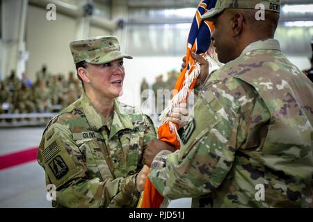 Brig. Gen. Nikki L. Griffin Olive returns the unit flag to Command Sgt. Maj. Theodore H. Dewitt, after assuming command of the 335th Signal Command (Theater) (Provisional) at Camp Arifjan, Kuwait, 19 July. Stock Photo