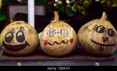 Emoji painted on coconuts sold at the Asian market Stock Photo