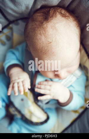 Portrait of cute adorable white Caucasian sleeping little baby boy newborn in blue clothes sitting in swing chair, view of his head hands from top abo Stock Photo
