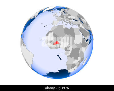 Burkina Faso highlighted in red on political globe with transparent oceans. 3D illustration isolated on white background. Stock Photo