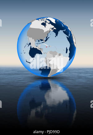 Jamaica In red on globe floating in water. 3D illustration. Stock Photo