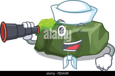 Sailor with binocular cartoon large stone covered with green moss Stock Vector