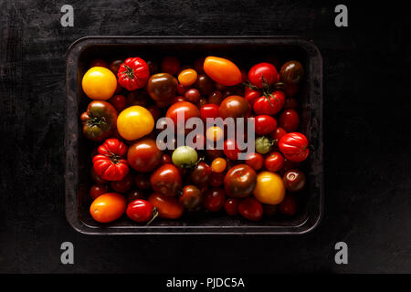 Assortment of colored fresh tomatoes in metal tray on black background, flat lay Stock Photo
