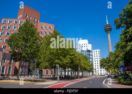 The Gehry Buildings and the Rheinturm Tower  in Dusseldorf Germany. Stock Photo