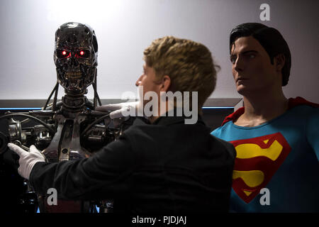 A T-800 Endoskeleton used in Terminator 2: Judgement Day (1991) and a  Superman costume used by Christopher Reeve in Superman (1978) and Superman  II (1980) at the Prop Store film memorabilia exhibition at the BFI IMAX at  Waterloo in central London.