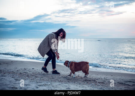 Young woman playing with pet dog on beach Stock Photo