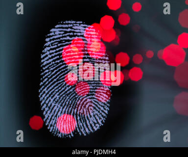 Data infecting a finger print identity on a screen to illustrate hacking and cyber crime Stock Photo