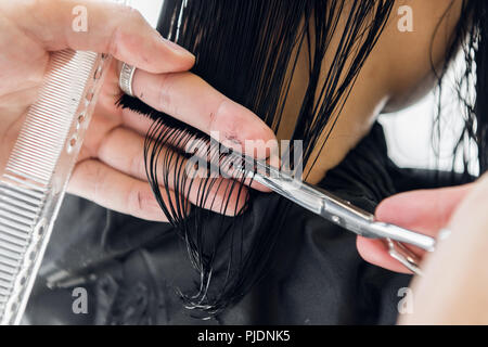 Hairdresser cutting client's hair in salon with scissors closeup. Using a comb Stock Photo