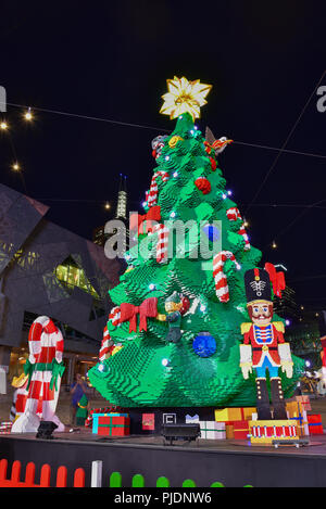 Lego Christmas tree and Santa Claus at Federation Square for celebration Stock Photo