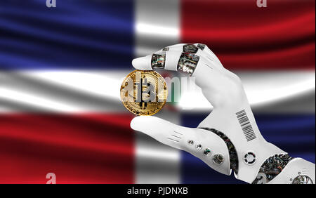 crypto currency bitcoin in the robot's hand, the concept of artificial intelligence, background flag of Dominican Republic Stock Photo