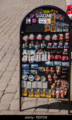 OSLO, NORWAY - JULY 12, 2018: Street stall with fridge magnet  souvenirs for sale Stock Photo