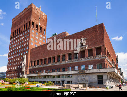 OSLO, NORWAY - JULY 12, 2018: The western wall of the Oslo City Hall (Radhus) decorated with the sculpture of Harald Hardrade on horseback by Anne Gri Stock Photo