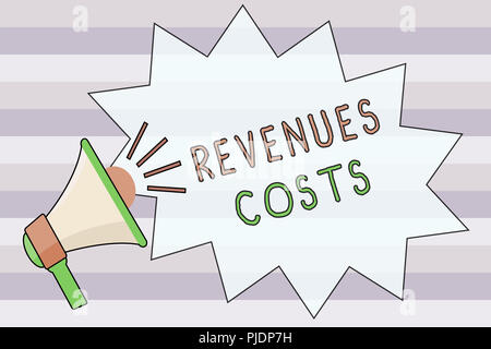 Text sign showing Revenues Costs. Conceptual photo Total amount of money in Manufacturing and Delivery a product. Stock Photo
