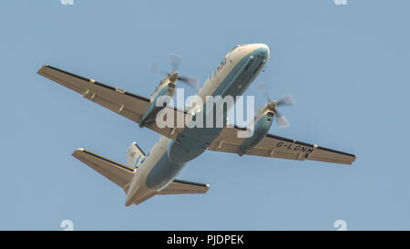 Low cost operator Flybe (Saab 340 regional turboprop aircraft), seen during take off at Glasgow International Airport, Renfrewshire, Scotland. Stock Photo