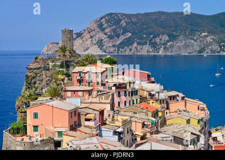 Italy, Liguria, Cinque Terre, Vernazza, view of the town from high up on the Sentiero Azzurro or Blue Trail which is the famous hiking trail that links the 5 towns. Stock Photo