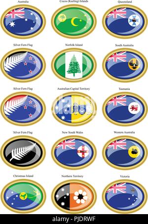 Set of icons. Flags of states and territories of Australia. 3D illustration. Vector. Stock Vector