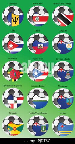 Set of icons. North and Central America's flags with soccer ball. Vector. 3D. Stock Vector