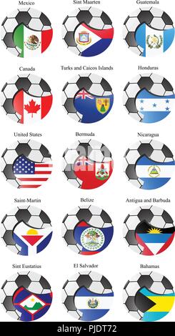 Set of icons. North and Central America's flags with soccer ball. Vector. 3D. Stock Vector