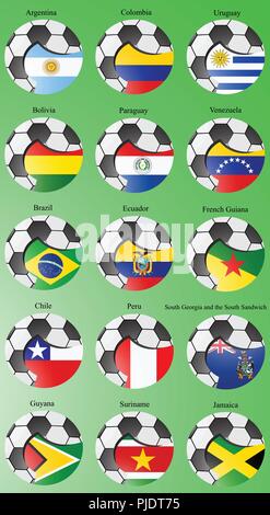 Set of icons. Flags of the South and Central America with soccer ball. Vector. 3D. Stock Vector
