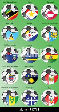 Set of icons. Flags of the South and Central America with soccer ball. Vector. 3D. Stock Vector