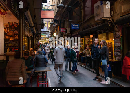 Degraves Street in Melbourne, Australia, the laneway full of cafe, restaurants, shops, and tourists Stock Photo