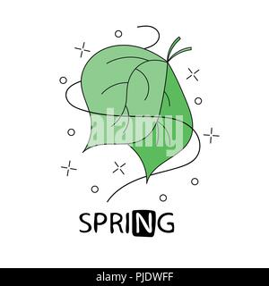 Green doodle typography poster with leaf. Cartoon cute card on natural theme Stock Vector