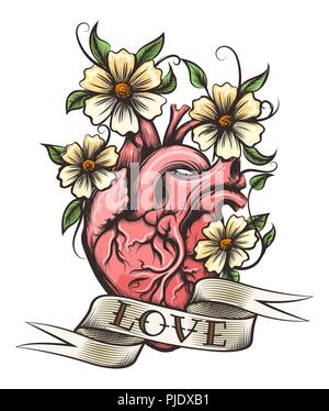 Human heart, flowers and ribbon with hand drawn lettering Love in tattoo style. Vector illustration. Stock Vector