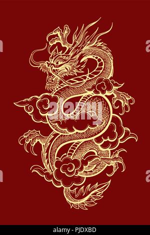 Illustration of Traditional Golden Chinese Dragon. Vector illustration. Stock Vector