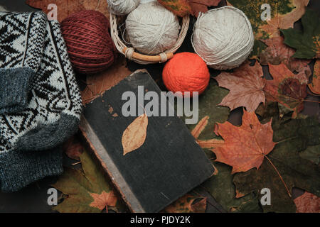 Knitting threads in a park on leaves Stock Photo