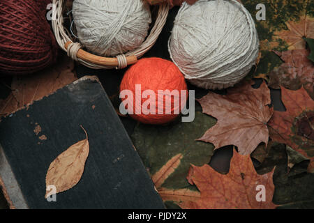 Knitting threads in a park on leaves Stock Photo