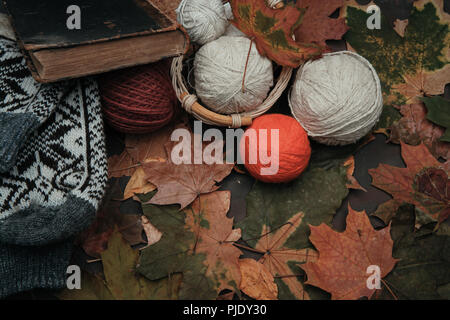 Knitting threads in a park on leaves Stock Photo