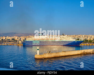 Piraeus, Greece - July 2, 2018. A Mediterranean ferry ship at the Piraeus port. Attica region, Greece. Stock Photo