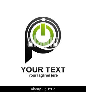 Initial letter P logo template colored black green power button design for business and company identity Stock Vector