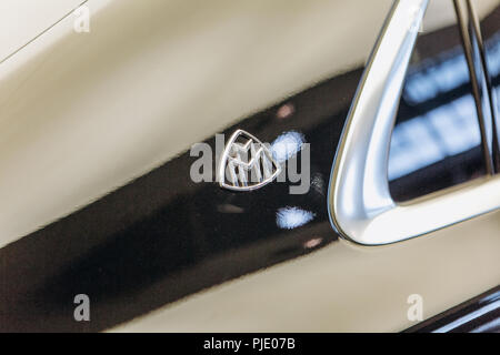 Berlin, August 29, 2018: A close-up of the Mercedes-Maybach sign. Luxury branded expensive car. Stock Photo