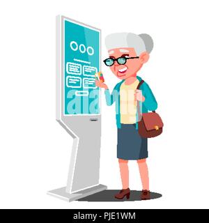 Old Woman Using ATM, Digital Terminal Vector. Advertising Touch Screen. Floor Standing. Money Deposit, Withdrawal. Isolated Flat Cartoon Illustration Stock Vector