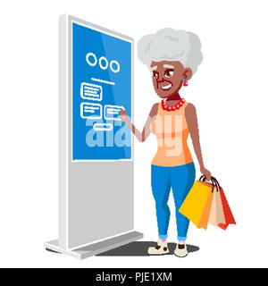 Old Woman Using ATM, Digital Terminal Vector. Showcasing Information, Advertising. Isolated Flat Cartoon Illustration Stock Vector