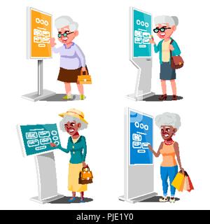 Old Woman Using ATM, Digital Terminal Vector. Set. LCD Digital Signage For Indoor Using. Interactive Informational Kiosk. Money Deposit, Withdrawal. Isolated Flat Cartoon Illustration Stock Vector