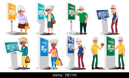 Old People Using ATM, Digital Terminal Vector. Man, Woman. Set. LCD Digital Signage For Indoor Using. Interactive Informational Kiosk. Money Deposit, Withdrawal. Isolated Flat Cartoon Illustration Stock Vector