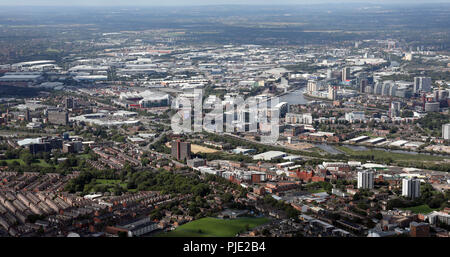 aerial view of the Old Trafford, Trafford Park & Salford Quays skyline, Manchester Stock Photo