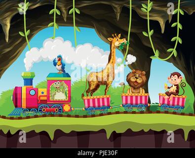 Animals riding train in nature illustration Stock Vector