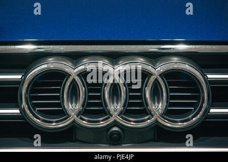 Berlin, August 29, 2018: Close-up of a front sign or emblem on a new Audi A5 g-tron Stock Photo