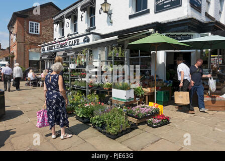 People looking at shopping garden plants for sale outside shop store in summer Market Place Thirsk North Yorkshire England UK United Kingdom Britain Stock Photo