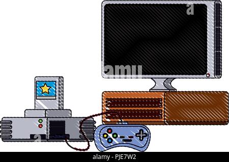 television with game console and controller over white background ...
